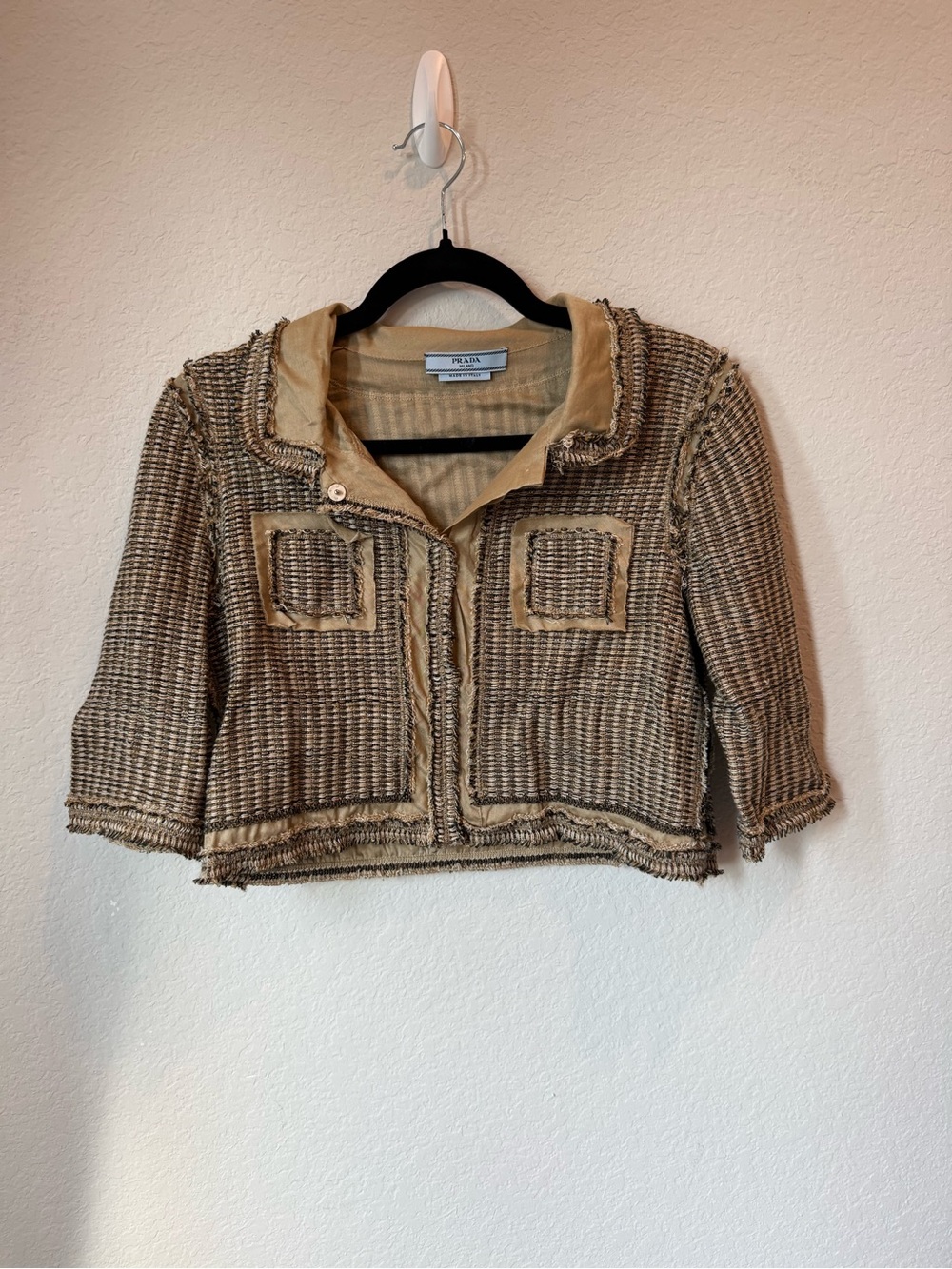 Prada Cropped Tweed Jacket in Beige and Cream 44